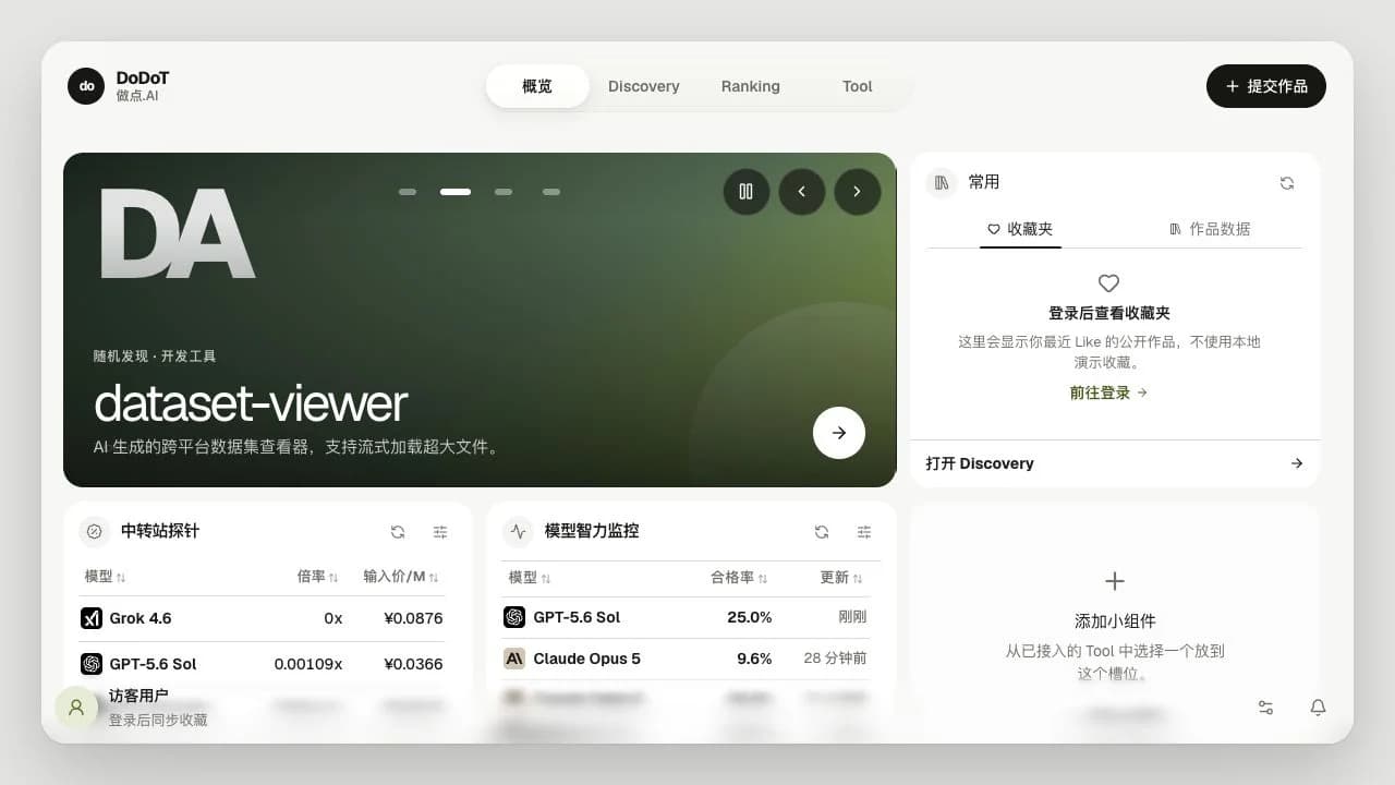 DoDoT 线上概览工作台真实界面,展示随机项目、收藏状态和真实 Tool 小组件